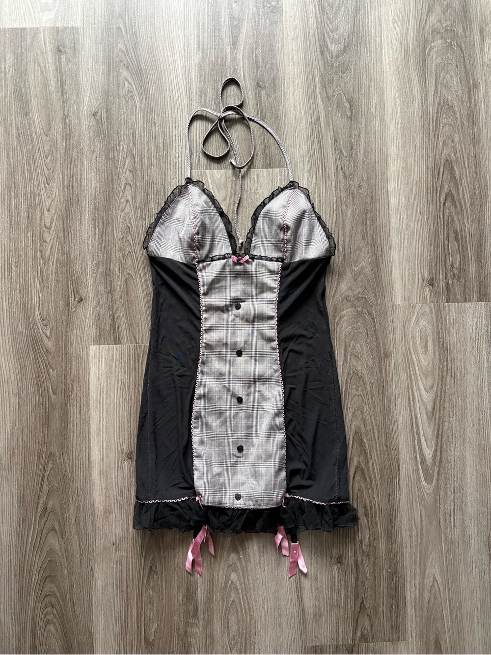 Frederick's of Hollywood Black Chemise with Gray Plaid Panel and Pink Ribbon